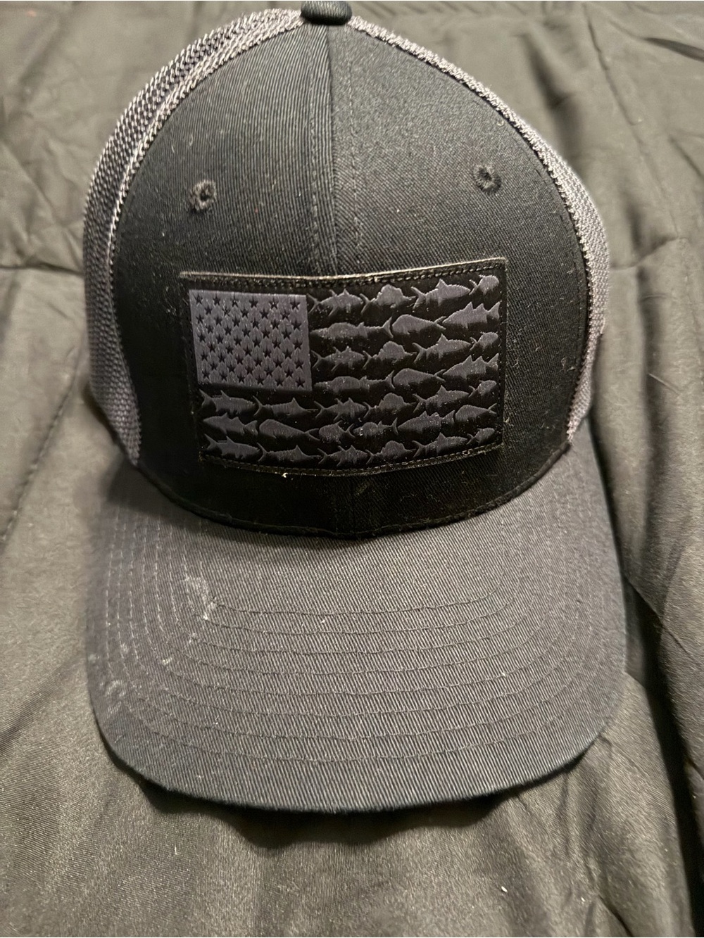 Columbia Black and Gray Mesh Trucker Hat with Fish Flag Patch